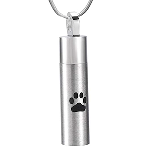 Stainless Steel Cremation Urn Pendant with Chain - Cylinder with Single Paw Print