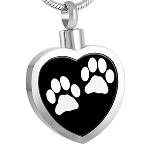 Stainless Steel Cremation Urn Pendant with Chain - Heart - Two White Paw Prints