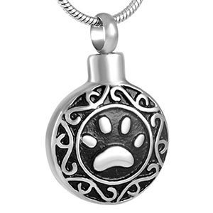 Stainless Steel Cremation Urn Pendant with Chain - Circle - Single Paw Print