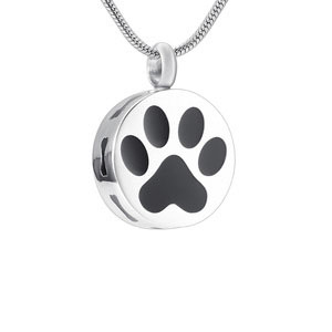 Stainless Steel Cremation Urn Pendant with Chain - Circle with Paw Print and Bones