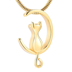 Stainless Steel Cremation Urn Pendant with Chain - Gold Cat in Moon