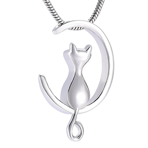 Stainless Steel Cremation Urn Pendant with Chain - Silver Cat in Moon 
