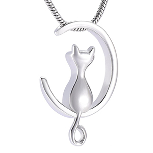 Stainless Steel Cremation Urn Pendant with Chain - Silver Cat in Moon