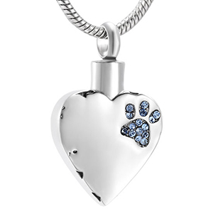 Stainless Steel Cremation Urn Pendant with Chain - Heart - Blue Paw Print