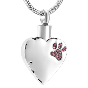 Stainless Steel Cremation Urn Pendant with Chain - Heart - Pink Paw Print