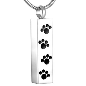 Stainless Steel Cremation Urn Pendant with Chain - Cylinder with Four Paw Prints