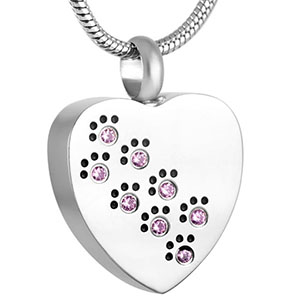 Stainless Steel Cremation Urn Pendant with Chain - Heart - Pink Paw Prints