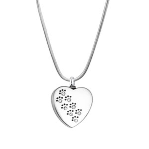 Stainless Steel Cremation Urn Pendant with Chain - Heart - Paw Prints