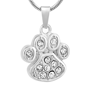 Stainless Steel Cremation Urn Pendant with Chain - Paw Print with Clear Stones