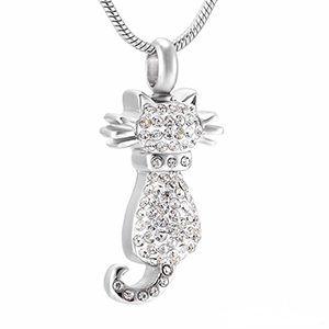 Stainless Steel Cremation Urn Pendant with Chain - Cat - Clear Stones