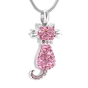 Stainless Steel Cremation Urn Pendant with Chain - Cat - Pink Stones