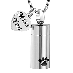 Stainless Steel Cremation Urn Pendant with Chain - Cylinder with Single Paw Print & Heart