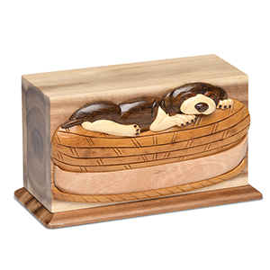 Small Oak, Black Walnut and Beech Woods Pet Urn with Sleeping Dog